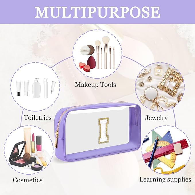 Small Clear Personalized Initial Makeup Bag,Nylon Preppy A-Z Chenille Letter Patch Cosmetic Pouch Beach Toiletry Bag,Waterproof Zip Travel Purse Storage Bag Organizer for Women Girls(Purple-White I)