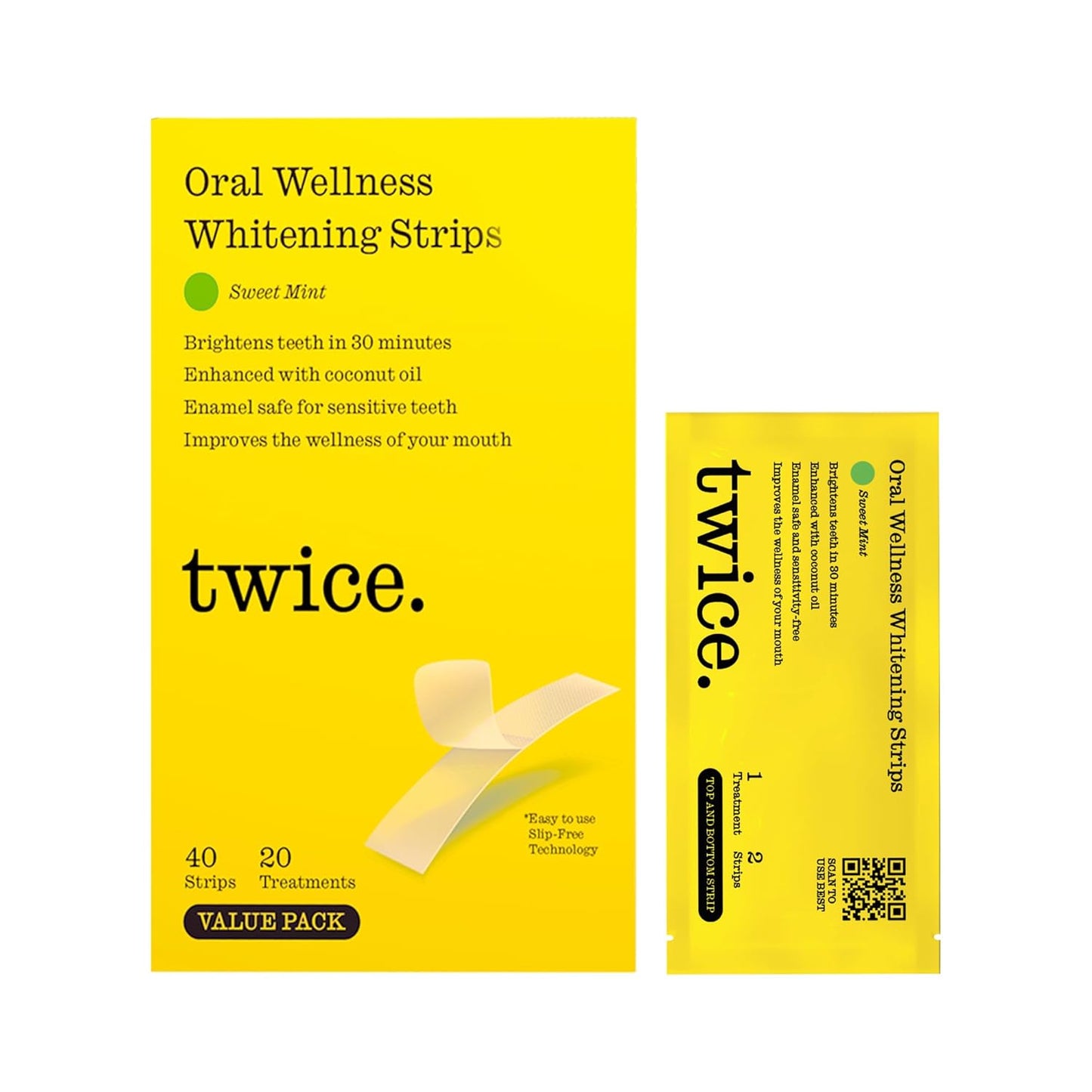 Twice Twice Teeth Whitening Strips – 20-Day Treatment, Coconut Oil Enhanced, No-Slip, Vegan, Easy to Use, Sweet Mint Flavor, Gentle Whitening Designed with Care for a Brighter Smile