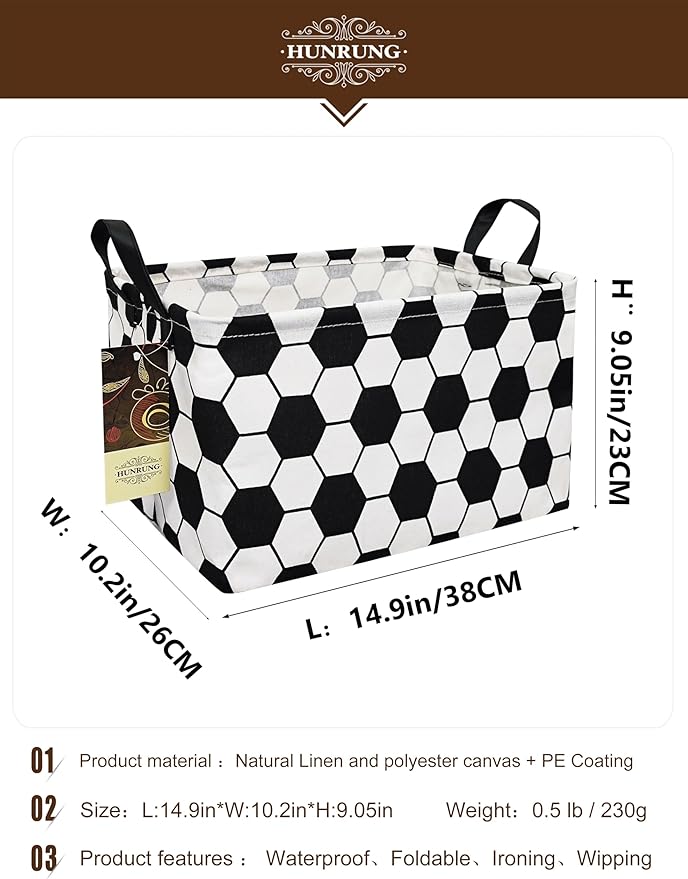 HUNRUNG Rectangle Storage Basket Cute Canvas Organizer Bin for Pet/Children Toys, Books, Clothes Perfect for Rooms/Playroom(REC-Football)