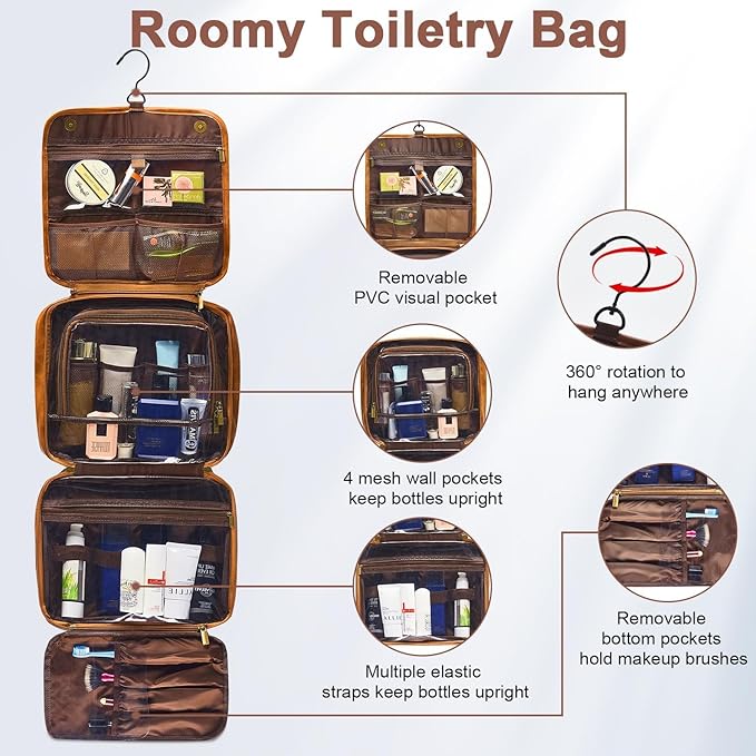 Personalized Toiletry Bag For Men, Large Capacity Travel Doop Kit, Vintage Color PU Leather, Custom Name Initials, Gifts for Dad, Husband, Boyfriend, Groomsmen, Birthday (Style 6)