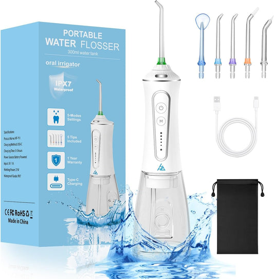Dental Flosser with 5 Modes, Cordless Travel Dental Flosser, Rechargable, Long Lasting Battery, 300ml Water Tank, Travel Friendly. FDA Accepted.