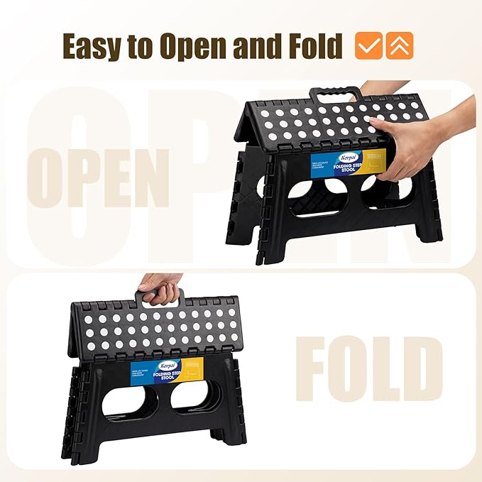 Korpai 9" Folding Step Stool for Adults and Kids 15-Inch Extra Wide Stool Holds Up to 300 lbs,Non-Slip Folding Stools with Handle,Compact Plastic Foldable Step Stool for Bathroom,Kitchen,ect