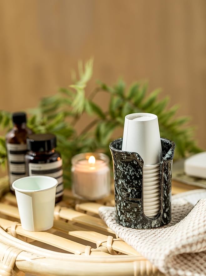 Bathroom Cup Dispenser 3 Oz, Ceramic Bathroom Cup Holder Mouthwash Cup Dispenser, Small Paper Cup Dispenser for Bathroom Vanity Countertop, Black