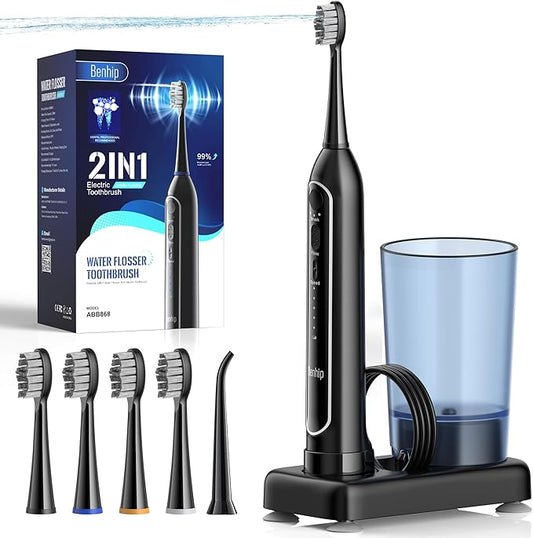 Water Flosser & Sonic Toothbrush Combo – 3 Toothbrush Modes & 5 Adjustable Flossing Speed for Complete Oral Care – IPX7 Waterproof, Fast Charging, Portable Travel Case (Black)