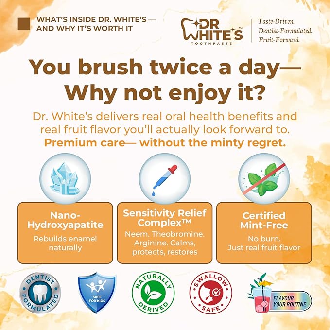 Dr. White’s Fluoride-Free nHA Toothpaste 2-Pack; Dentist-Formulated, Nano Hydroxyapatite + Xylitol, Sensitivity Relief Complex™, Mint-Free, Enamel Safe, Swallow-Safe (3.5 Oz, Mango Joy)