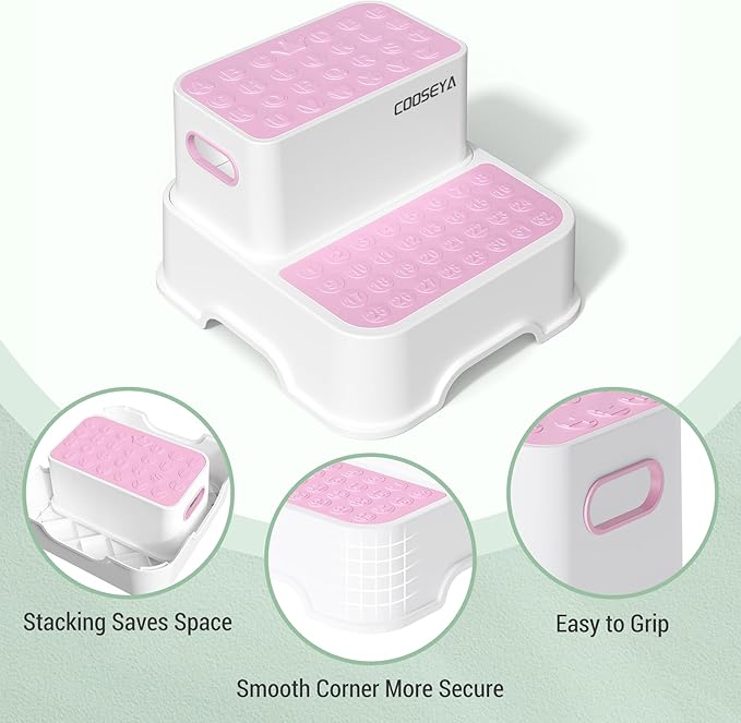 COOSEYA 2 Step Stools for Kids,Toddler Step Stool for Bathroom Sink,No-Slip Double up Stepping for Toddlers Bathroom, Multifunctional Toilet Potty Stool for Kids,Toilet Potty Training(2 Packs)（Pink）