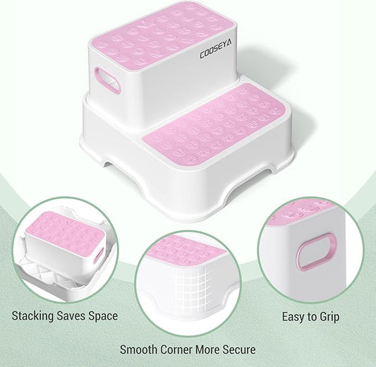 COOSEYA 2 Step Stools for Kids,Toddler Step Stool for Bathroom Sink,No-Slip Double up Stepping for Toddlers Bathroom, Multifunctional Toilet Potty Stool for Kids,Toilet Potty Training(2 Packs)（Pink）