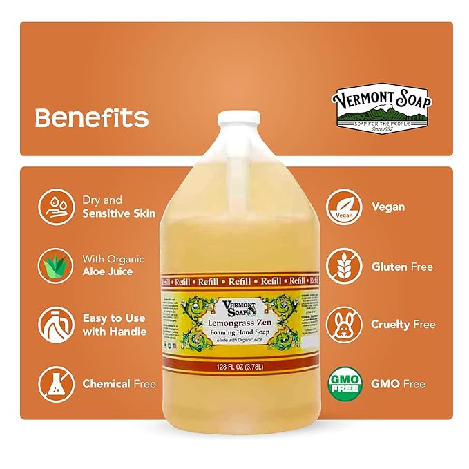 VERMONT SOAP Organics Foaming Hand Soap, Liquid Soap with Pre-diluted Formula - Ready to Use Lemongrass Hand Soap With Convenient and Economical Gallon Refill Size