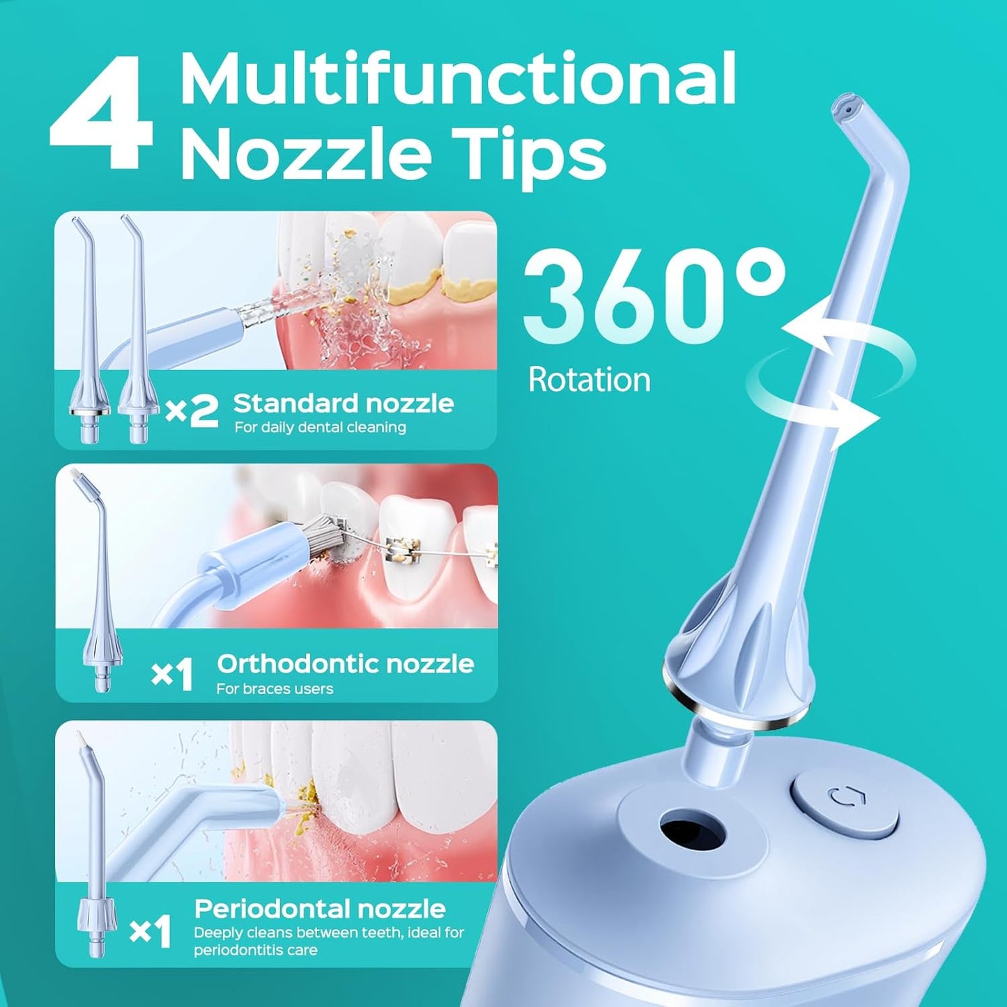 COSLUS Portable Water Flosser for Teeth: 4 Modes & 5 Intensity Levels Professional Electric Dental Pick for Sensitive Gums, Braces & Orthodontic - Cordless for Travel Use, for Adults, BPA-Free, Blue