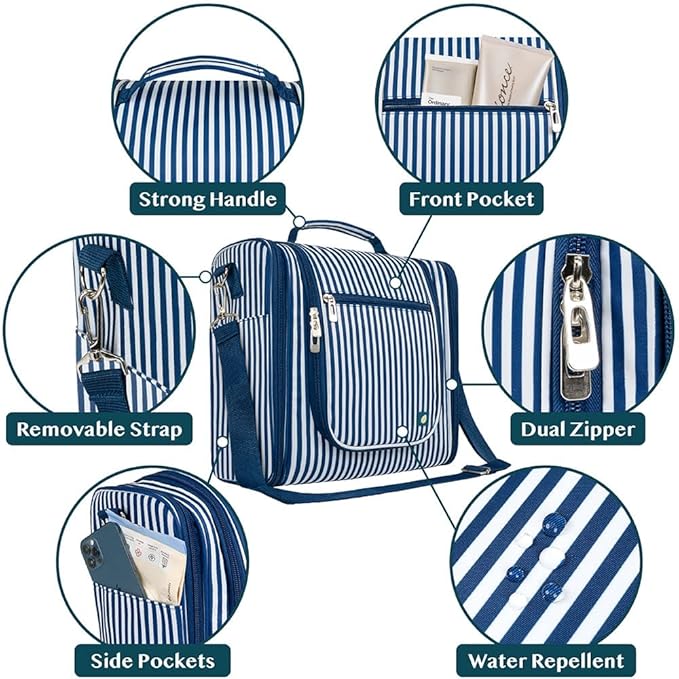 PAVILIA Extra Large Toiletry Bag Travel Bag for Women Men, Hanging Cosmetic Organizer, Water Resistant Makeup Bag for Accessories Toiletries, Travel Essentials Kit (Stripe Navy)
