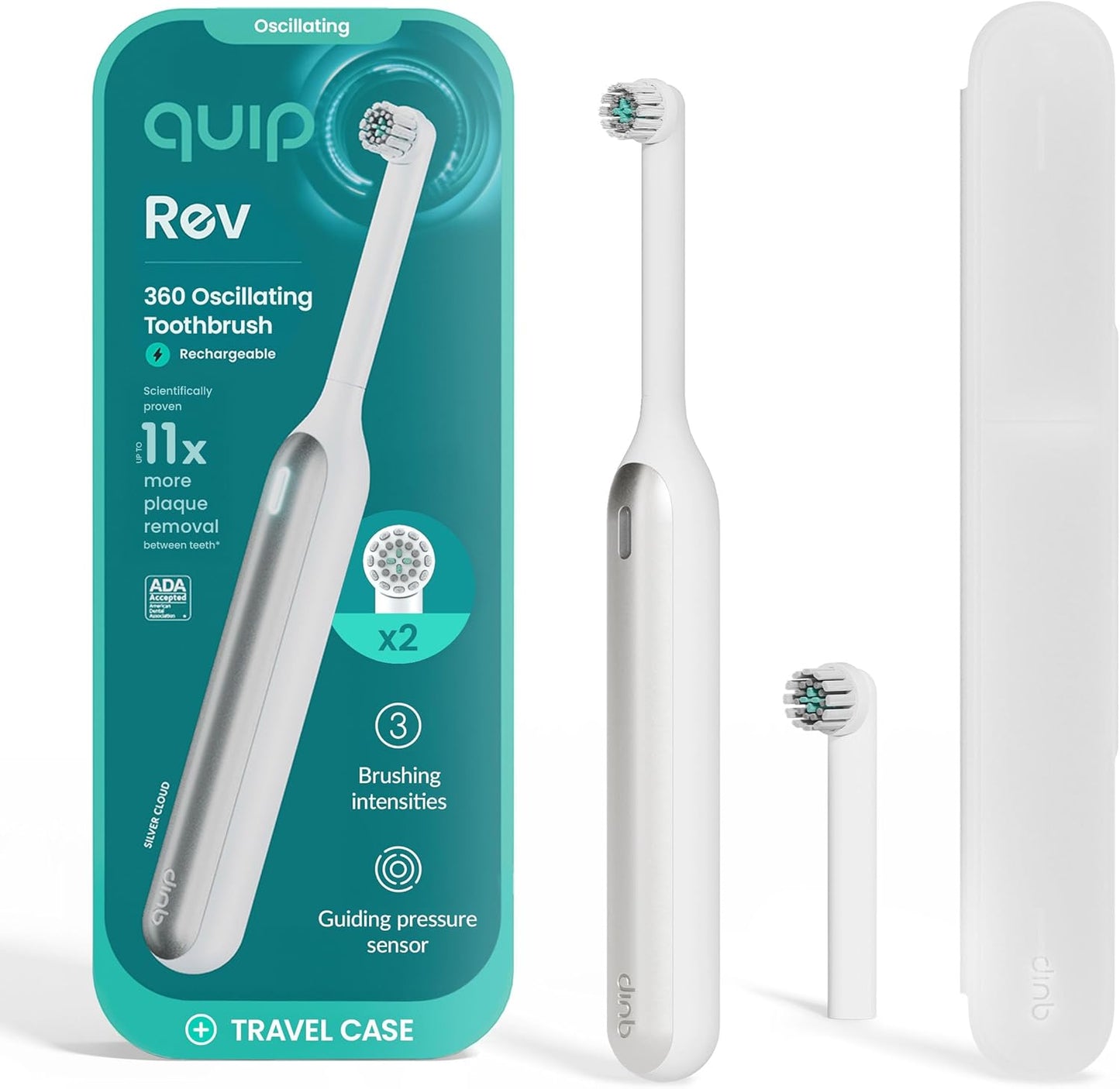 Quip 360 Oscillating Rechargeable Electric Toothbrush with Extra Brush Head - Soft Bristles, Pressure Sensor, 3 Intensities, 30-Day Battery Life, 2-Min Timer, Travel Case, Mirror Mount - Silver Cloud