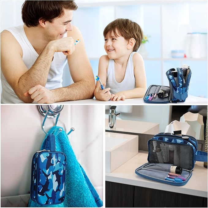 Kids Toiletry Bag for Boys, Travel Toiletry Bag for Little Young Boys Waterproof Hanging Wash Bag Toddler Traveling Toiletries, Shark Blue