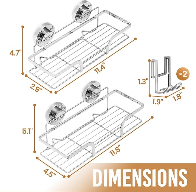 LEVERLOC Shower Caddy Suction Cup 2 Pack, Shower Shelf for Inside, Large Capacity Bathroom Organizers and Storage, Rustproof & Waterproof Metal Bath Basket, No-Drilling, Heavy Duty, Silver