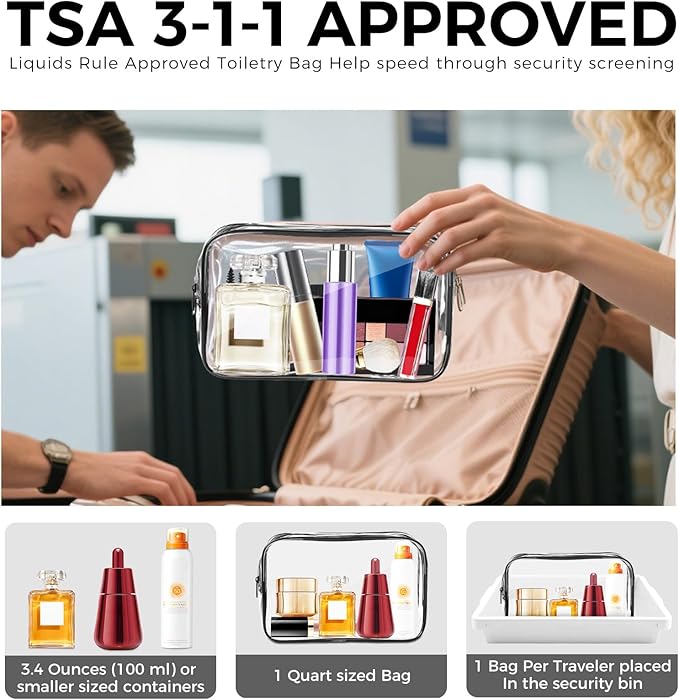 AURUZA Clear Makeup Bag,Portable Travel Toiletry Bags with Zipper, TSA Approved Clear Organizer Bags, PVC Cosmetic Pouch for Airport Airline Compliant