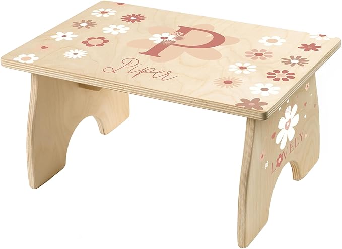Daisy Step Stool for Toddlers- Personalized Wood Kids Step Stool with Name for Kitchen Sink, Bathroom, Potty Training, Toilet, Kitchen Sink- Sturdy and Safe- Made in USA by BloomOwl (Daisy)