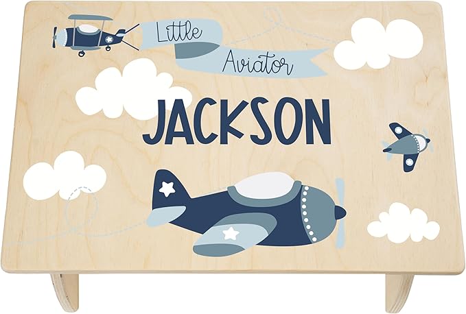 Step Stool for Toddlers- Personalized Wood Kids Step Stool with Name for Kitchen Sink, Bathroom, Potty Training, Toilet, Kitchen Sink- Sturdy and Safe- Made in USA by BloomOwl (Aviator)