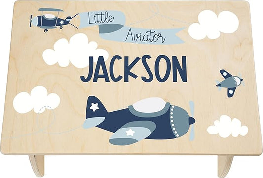 Step Stool for Toddlers- Personalized Wood Kids Step Stool with Name for Kitchen Sink, Bathroom, Potty Training, Toilet, Kitchen Sink- Sturdy and Safe- Made in USA by BloomOwl (Aviator)