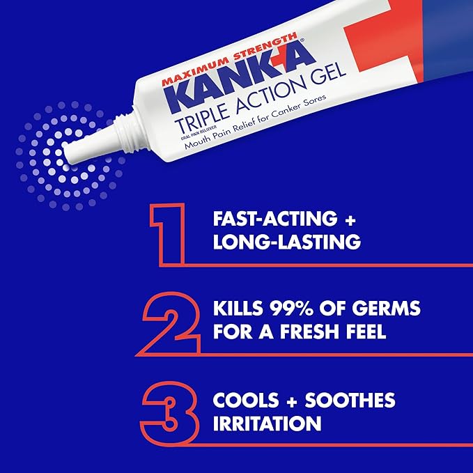 Kank-A Triple Action Gel, 0.42 oz, Maximum Strength Mouth Pain Relief Gel for Canker Sores, Triple Action Treatment, Fast Acting and Long-Lasting Pain Relief, Cools and Soothes Irritation, 0.42 oz