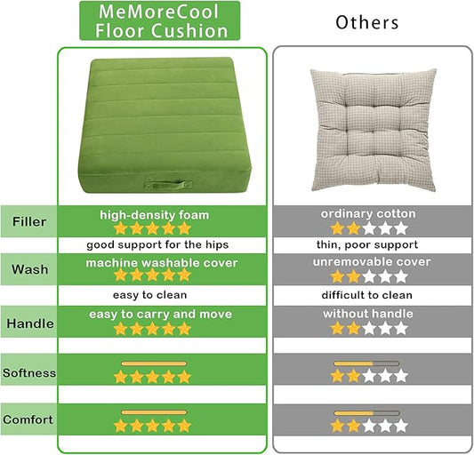 MeMoreCool Square Floor Pillow Seating for Adults Kids, Large Meditation Cushion Floor Pillow with Thick Foam & Soft Tufted Cover, Washable Big Pillow Seat Floor Cushion for Sitting Yoga 24" Green