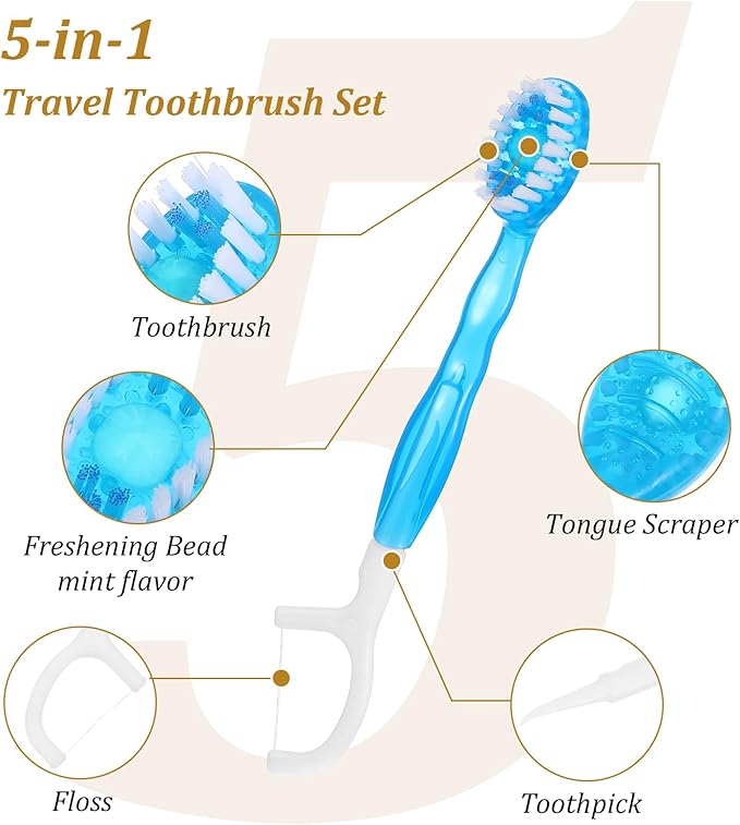 50pcs 5 in 1 Disposable Mini Toothbrushes with Toothpaste Floss Pick & Tongue Scraper Travel Size Individually Wrapped Portable Oral Care Set for Women Men Hotel Camping Flight Car Guest Use