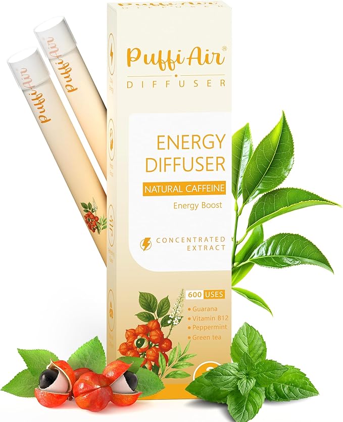 Energy Herbal Diffuser Pen - Caffeine Diffuser for Energy Boost (Guarana, Green Tea, Peppermint & Menthol) - 1200 Uses, 2 Sticks