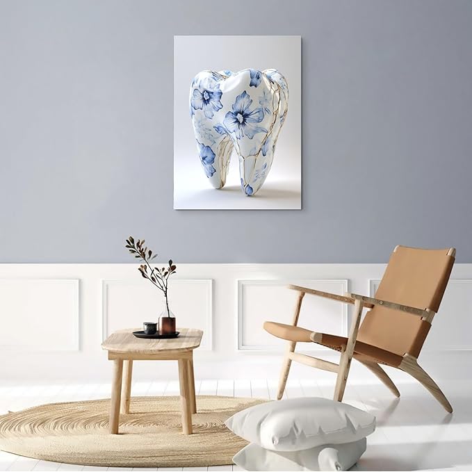 SchindlerBang Dentistry Student Graduation Gift,Teeth Anatomy Wall Art,Floral Mechanical Tooth Poster,Home Bedroom Clinic Decor,12x16inch Framed Print Ready to Hang