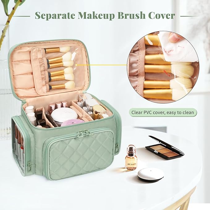Large Makeup Bag, Portable Travel Makeup Bag Organizer for Women Girls with Makeup Brush Compartment & Two Side Pockets, Cosmetic Travel Bag Vertical Storage Toiletry - Green