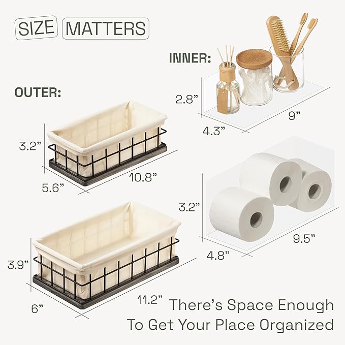 BAOBAB WORKSHOP Set of 2 Metal & Wooden Basket with Liners - Bathroom Basket Organizer & Kitchen Storage Decor - Farmhouse Toilet Paper Baskets for Back of Toilet Tank Tray Topper