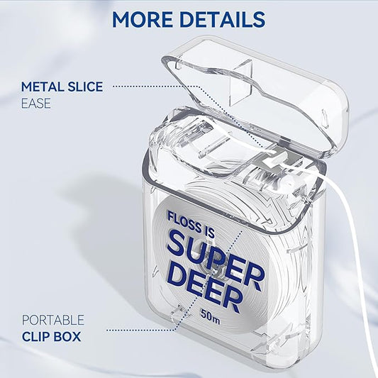 Super Deer Flat Dental Floss - Mint, PTFE Floss, Gentle on Gums, Expands & Stretches,Plaque Remover for Teeth, Shred Resistant, Floss Slides Smoothly, Easy to Use, 55 yd (1)