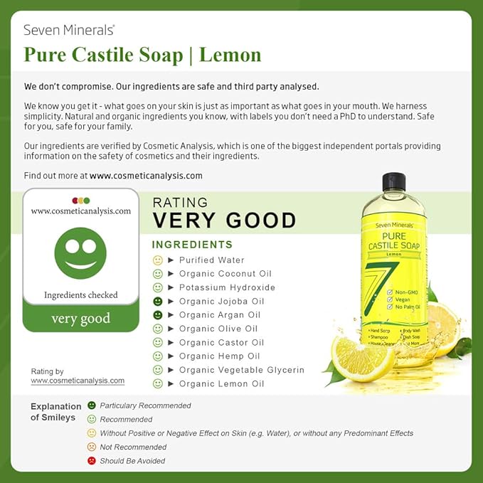 Seven Minerals Pure Castile Soap, Lemon - No Palm Oil, GMO-Free - Gentle Liquid Soap For Sensitive Skin & Baby Wash - All Natural Vegan Formula with Organic Carrier Oils (33.8 fl oz)