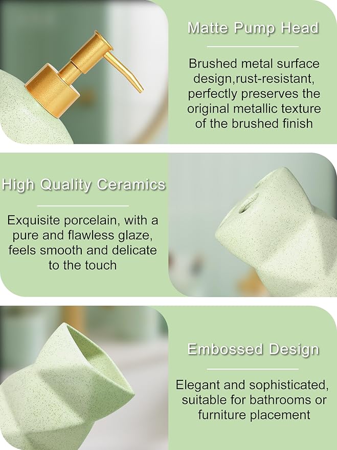 Bathroom Accessories Set,4 Pcs Bathroom Accessory Set,Includes Lotion Soap Dispenser,Toothbrush Holder,Tumbler,Soap Dish,Ceramic Bathroom Sets Complete,Bathroom Sink Set for Modern Home Decor(Green)