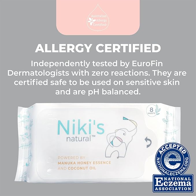 Niki's Natural Pocket Baby Wipes | Organic Baby Wipes Sensitive | Made with Manuka Honey and Coconut Oil, Unscented | EWG Verified | 32 Wipes (4 Pack x 8 Count Wipes)