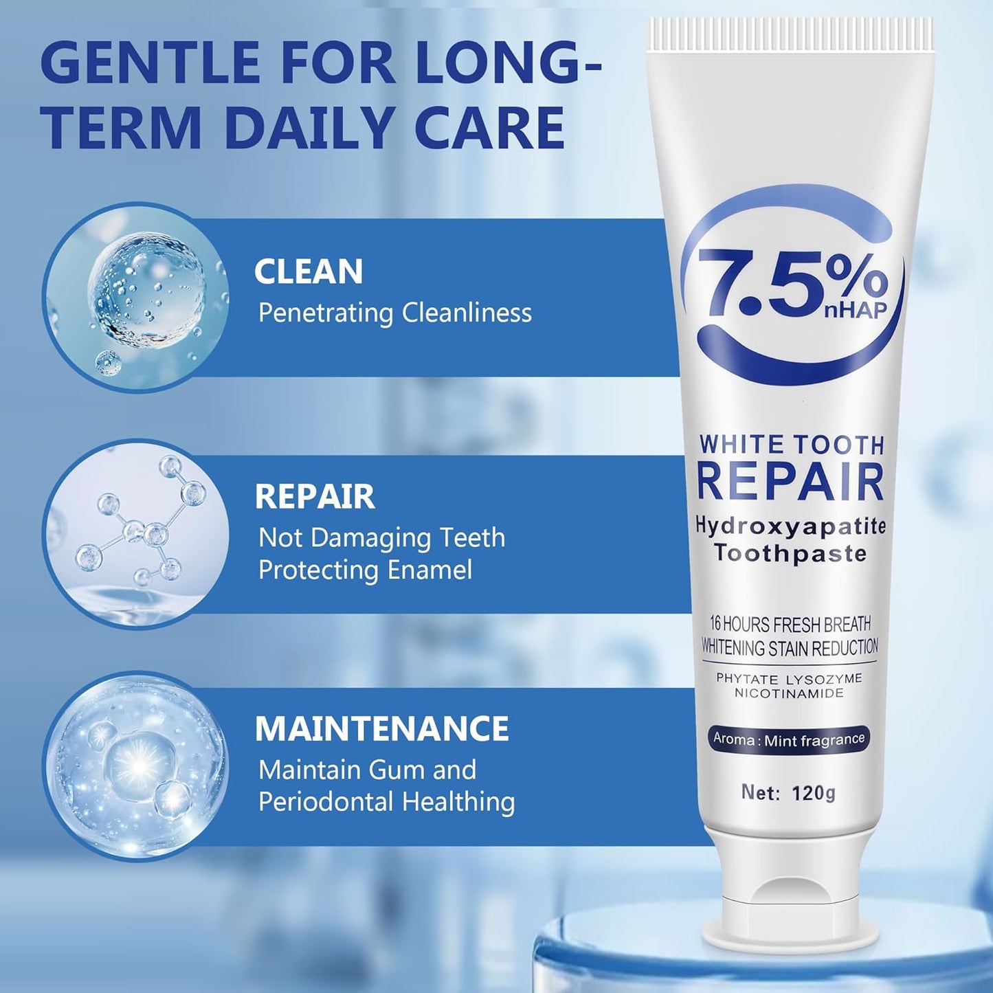 7.5% Hydroxyapatite Toothpaste-Enamel Protection and Tooth Strengthening, Fluoride-Free Safe, Nano Hydroxyapatite Toothpaste Stain Removal, Whitening Tooth, Gentle Mint, Fresh Breath 3pcs