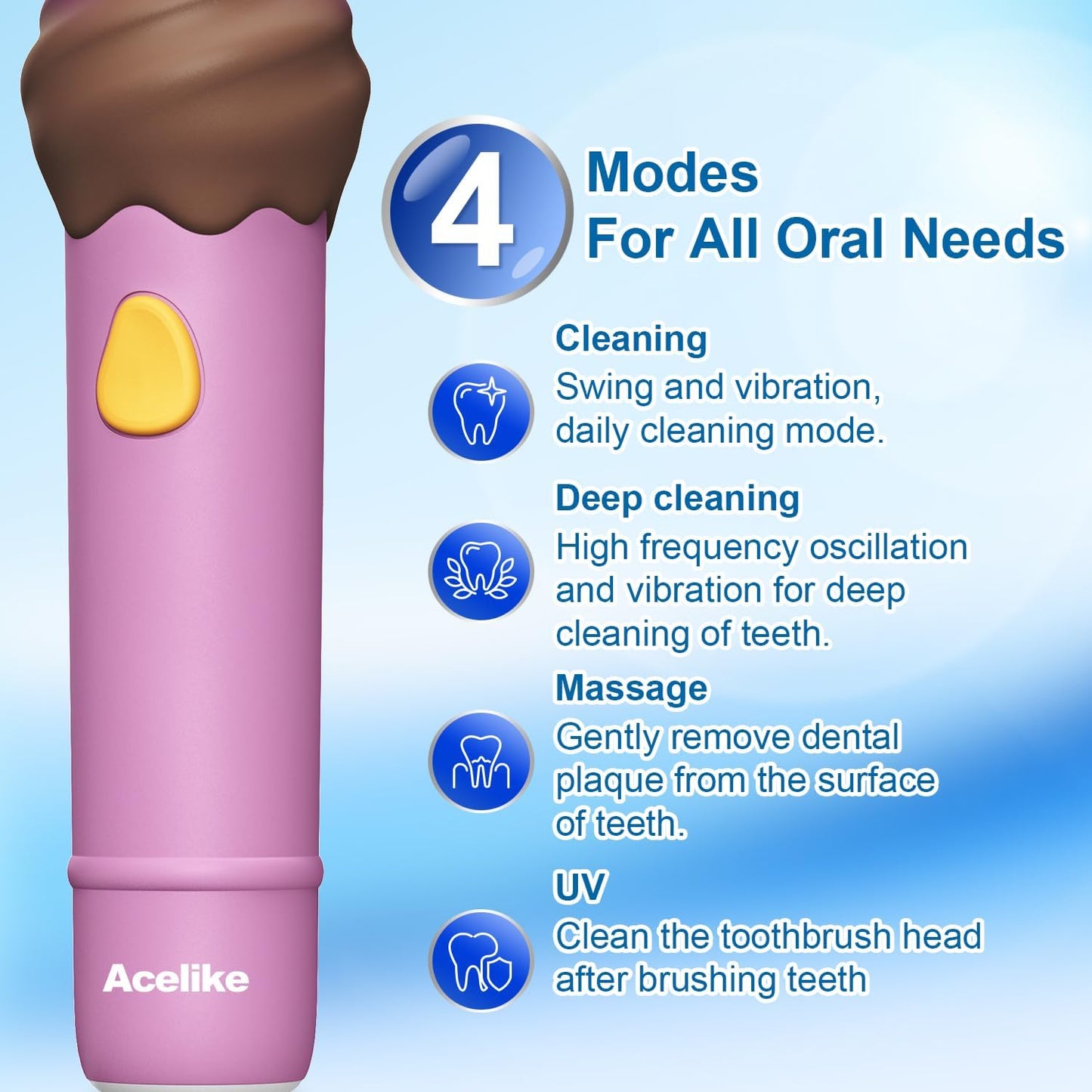 UV Self Clean Kids & Toddlers Electric Toothbrush | Improve Safe and Hygiene | Soft Bristles | Easy-Grip Silicone Handle | 4 Modes & 2-Min Timer | One Charge Last 60 Days | Age 3+ (Pink)