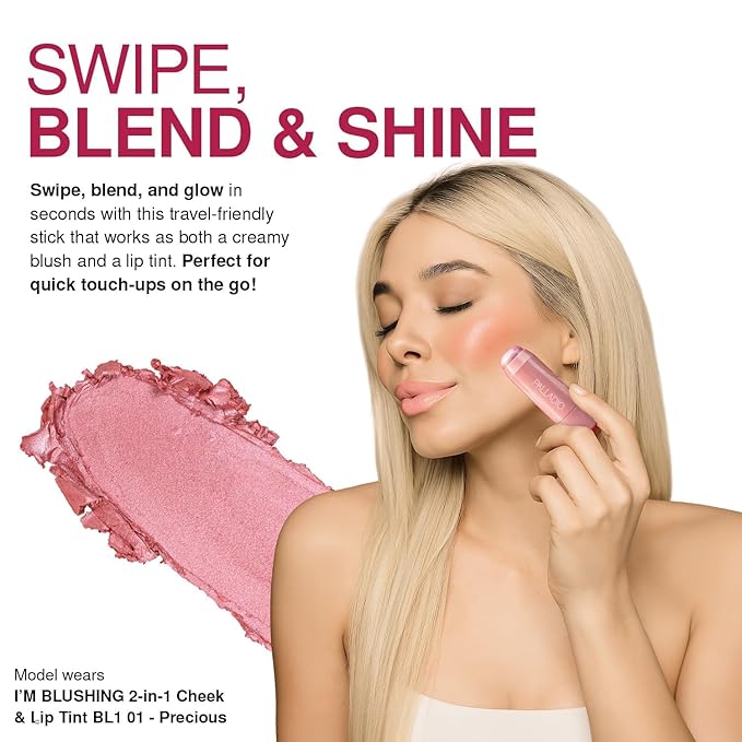 Palladio I'm Blushing 2-in-1 Cheek and Lip Tint, Buildable Lightweight Cream Blush, Sheer Multi Stick Hydrating formula, All day wear, Easy Application, Shimmery, Blends Perfectly onto Skin, Dainty