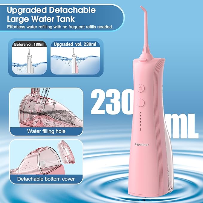 Leominor Water Dental Flosser - 5 Modes Cordless Portable Oral Irrigator, IPX7 Waterproof, Rechargeable Teeth Cleaner Upgrade Datchable Tank Professional Flossing Cleaning Pick for Home Travel (Pink)