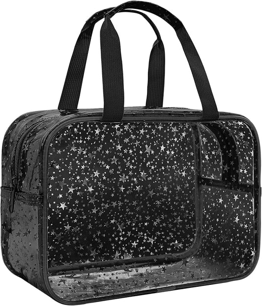 Clear Black Star Large Makeup Bag with Star Pattern 12x5x8 inch, Travel Cosmetic Bag with Handle, Durable PVC Material Washbag Zipper Opening Design for Makeup Travel Organizer or Gym Use