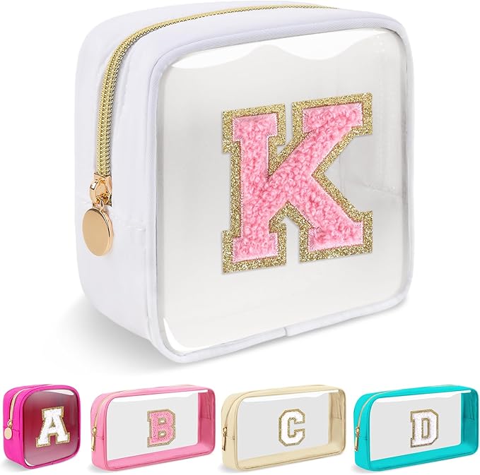 Mini Clear Personalized Initial Makeup Bag,Nylon Preppy A-Z Chenille Letter Patch Zipper Cosmetic Bag, Small Cute Beach Pouch Travel Purse Sanitary Napkin Storage Bag for Women Girls(White-Pink K)