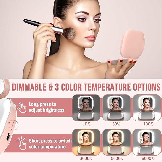 MY BEAUTY LIGHT Bright Compact Mirror with Durable Rechargeable 1X/3X Magnifying Light, 3000K-6000K Travel Makeup Mirror with Lights for Handbag Purse Pocket (Pink)