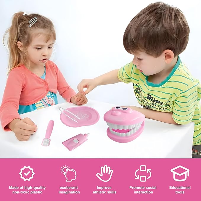 9-Piece Dental Pretend Play Set, Educational Dentist Play Kit with Teeth Model, Toothbrush, Dental Mirror, Syringe, Toothpaste, Tray, and Dental Tools, Fun Pretend Play Doctor Kit for Kids (Pink)