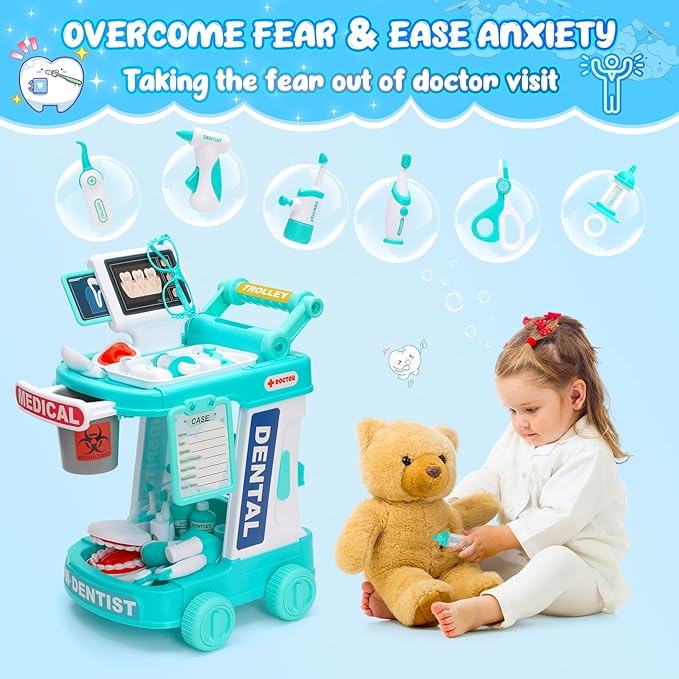 Dentist Play Set Toy for Kids, Pretend Play Medical Toy Dentist Cart, Dental Toy with Fake Teeth, Doctor Toy for Toddlers 3-5, Christmas Birthday Costume Role Play Dress Up Gift Ideas for Boys Girls