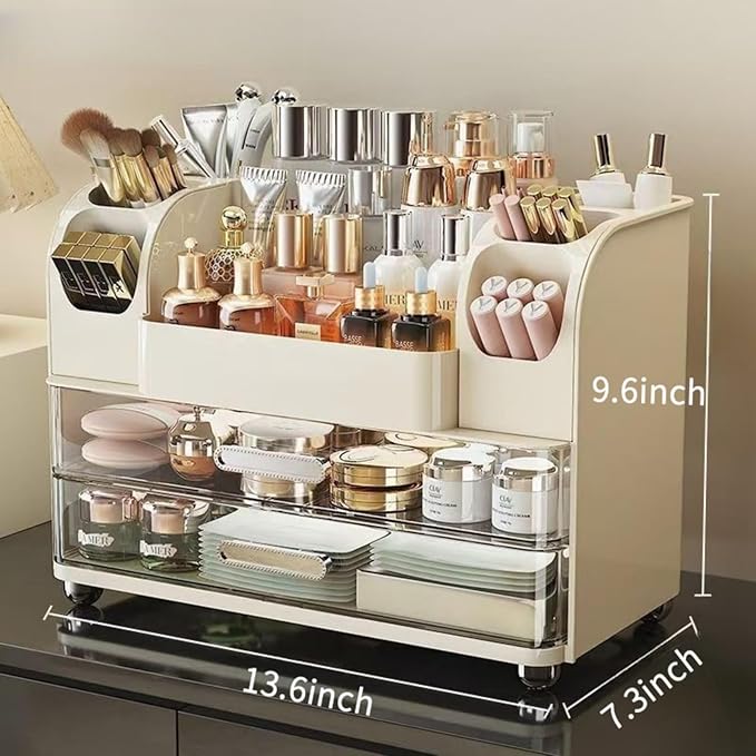 Makeup Organizer with Drawers for Vanity,Bathroom Countertop Organizer with Brushes Holder,Skincare Storage Organizer,Perfect Cosmetic Display Case for Skincare,Lipstick and Beauty Essential (Cream)