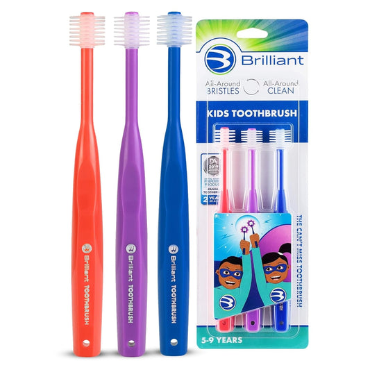 Brilliant Oral Care Kids Toothbrush with Soft Bristles and Round Head, for a Child Approved, Easy to Use All-Around Clean Mouth, Ages 5-9 Years, Red Purple Royal, 3 Pack