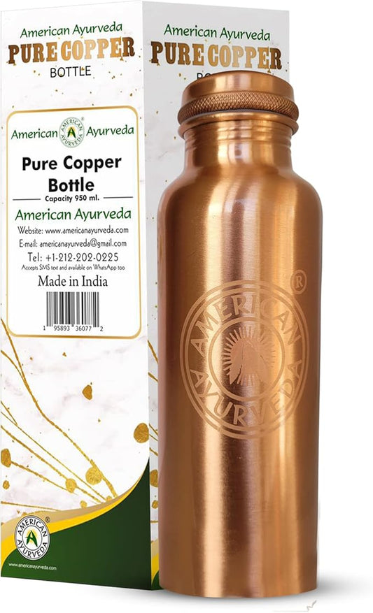 A American Ayurveda 100% Pure Copper Water Bottle Jointfree, Leakproof, Tumbler, Flask, Yoga, Natural Ayurveda Health Benefits, Copper Charged Alkaline Water 900ml (30 Oz) Capacity