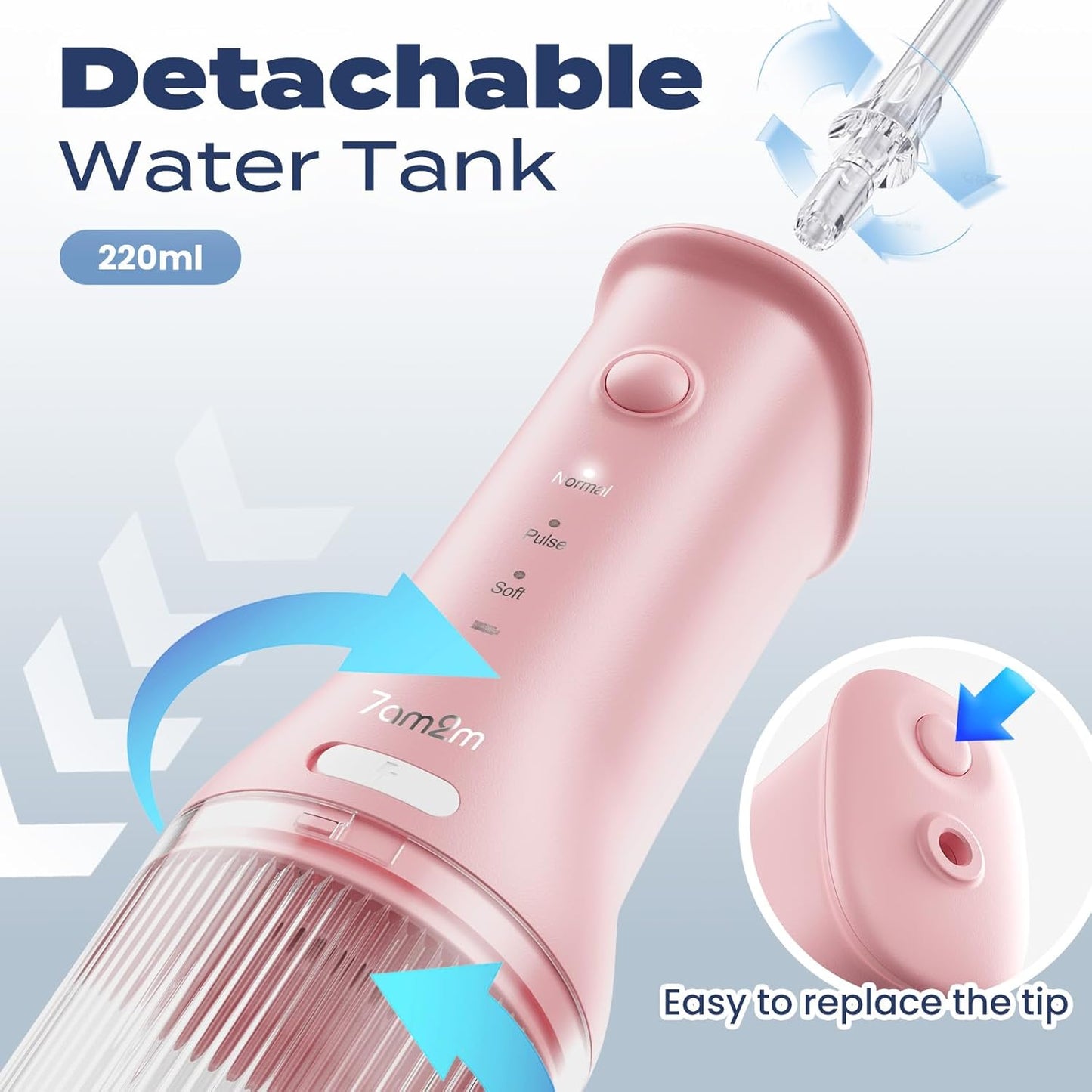 7AM2M Portable Water Flosser Cordless, Water Flosser with 3 Modes and 2 Jet Tips, USB C Rechargeable, IPX7 Waterproof, Dental Water Flosser for Travel and Home Use (Pink)