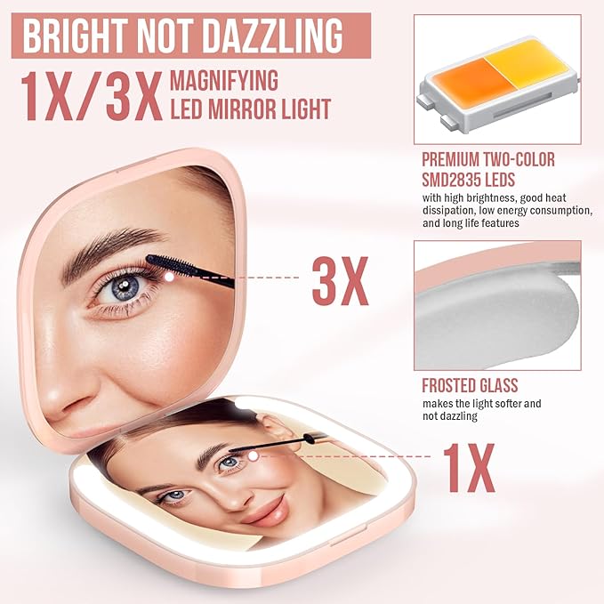 MY BEAUTY LIGHT Bright Compact Mirror with Durable Rechargeable 1X/3X Magnifying Light, 3000K-6000K Travel Makeup Mirror with Lights for Handbag Purse Pocket (Pink)