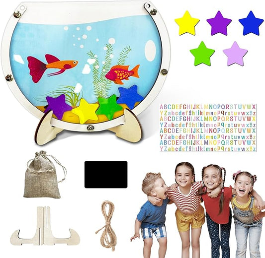Magnetic Reward Jars for Kids - Large Fish Tank Shaped Reward Jar with Colorful Letter Stickers | Kids Behavior & Chore Chart for Classroom Incentives, Home, and Potty Training（25PCS)