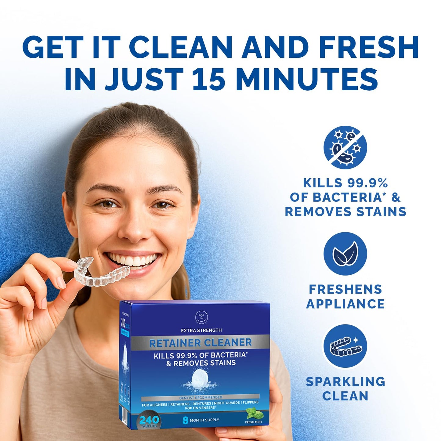 Retainer Cleaner Tablets for Invisalign Approved for Ultrasonic Cleaners -240 Denture Cleaning Tablets for Aligners, Night Guard, Mouth Guard - Denture Cleaner Tablets 8-Month Supply