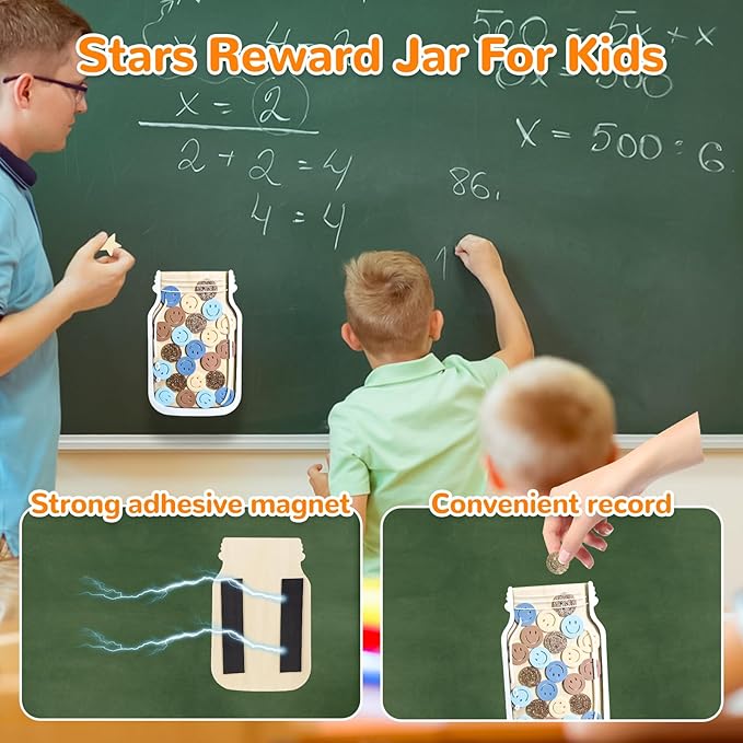 Reward Jar for Kids – Magnetic Wooden Behavior Chart and Incentive Jar with 25 Tokens, Stickers, Stand & Magnet – Positive Reinforcement Tool for Home, Toddlers or Classroom (Smiley – V1)