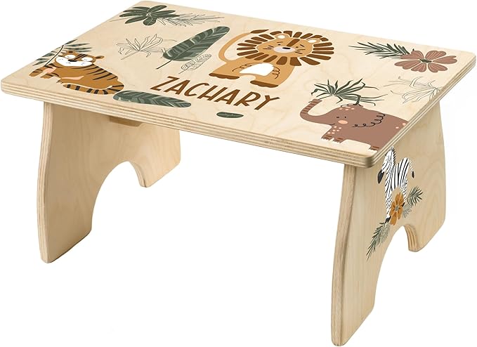 Step Stool for Toddlers- Personalized Wood Kids Step Stool with Name for Kitchen Sink, Bathroom, Potty Training, Toilet, Kitchen Sink- Sturdy and Safe- Made in USA by BloomOwl (Jungle- Earthy)